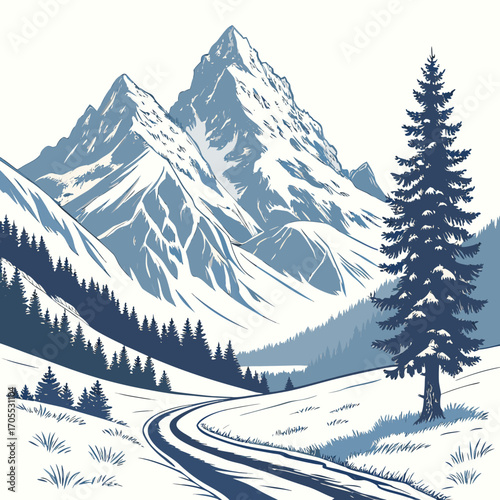 Vector art of picturesque winter scene with snowcovered mountains, a winding road, and a majestic pine tree, creating a tranquil and inviting atmosphere