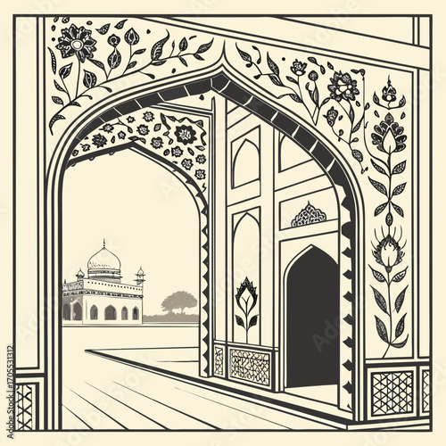 Vector art of stunning monochrome view of the taj mahal through an ornate archway, highlighting the architectural grandeur and intricate floral details of this iconic landmark