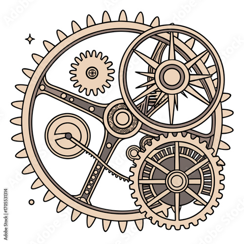 Vector art of steampunkinspired clockwork mechanism, showcasing intricate gears and cogs in a vintage design, blending technology and artistry