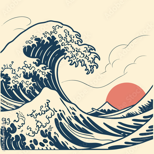 Vector art of the great wave off kanagawa with mount fuji and sun in the background, a japanese ukiyoe woodblock print from the edo period, featuring a large wave and a small mountain