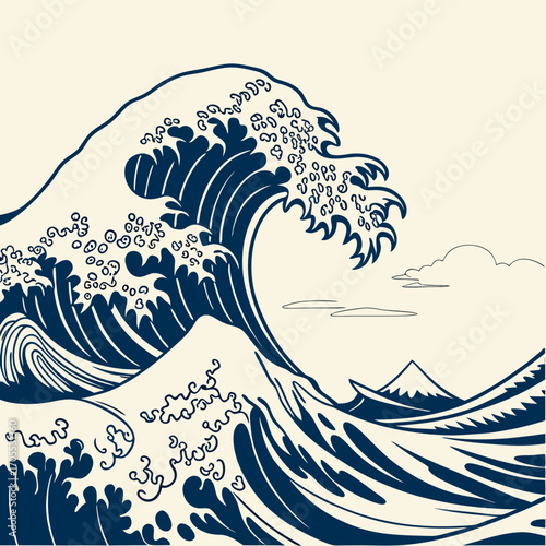 Vector art of the great wave off kanagawa with mount fuji in the background, a japanese ukiyoe woodblock print from the edo period, featuring a large wave and a small mountain