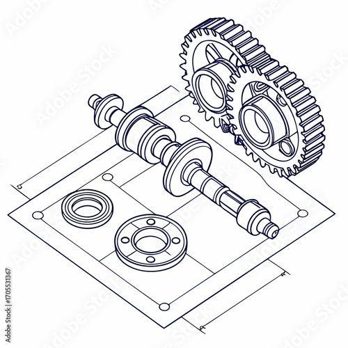 Vector art of technical drawing of a gear assembly with a shaft, bearings, and mounting plate, presented in an isometric view on a neutral background