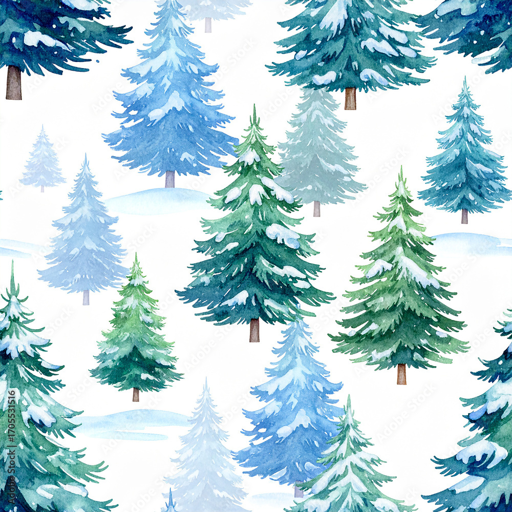 Obraz premium Seamless pattern of watercolor Christmas trees covered in snow on white background.