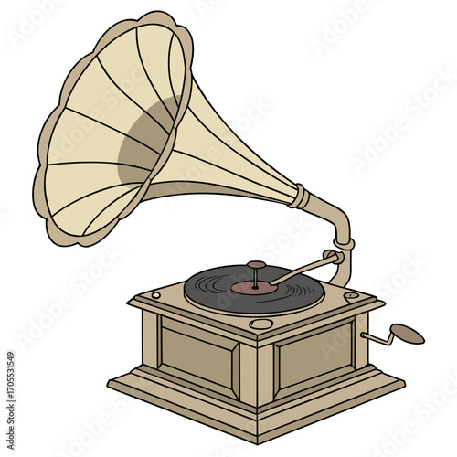 Vector art of vintage gramophone, a classic music player with a horn speaker, evoking nostalgia and the charm of early audio technology and entertainment