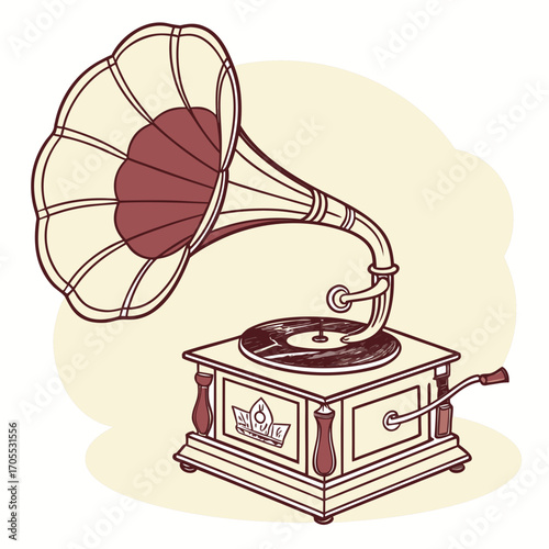 Vector art of vintage gramophone illustration, a classic phonograph with a horn speaker, perfect for retro music themes and antique technology designs
