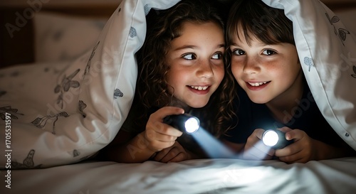 Children with Flashlights Under Blanket