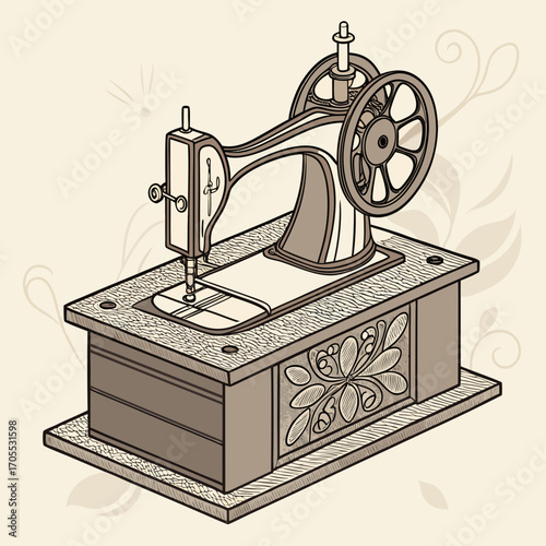 Vector art of vintage sewing machine illustration in sepia tones, a nostalgic piece showcasing the elegance of antique craftsmanship and the art of tailoring with a touch of history