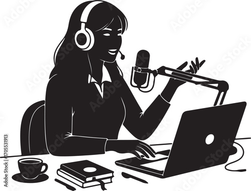 Silhouette of a Woman Podcasting with Laptop and Microphone