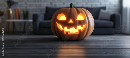 Brightly Illuminated Jack O Lantern Pumpkin Sitting on Dark Wood Floors for Halloween Decor Ideas