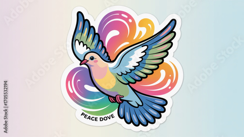 Colorful peace dove sticker with rainbow swirls, a symbol of hope and unity, , perfect for spreading positive vibes