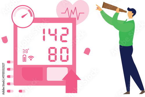 Boy seeing hypertension counter machine with telescope