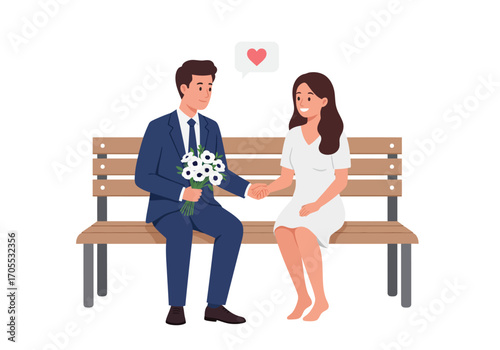 A man is declaring his love and giving flowers to a woman, vector illustration