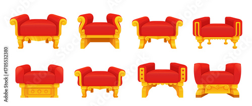 A set of royal upholstered poufs, richly decorated with red trim and exquisite gold details, highlight luxury and comfort