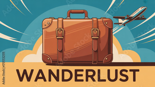 A vintage suitcase with an airplane flying in the background and the word wanderlust written on the bottom