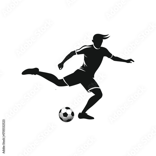 Football player kicking ball silhouette vector design, soccer sports illustration, athlete in action pose, fitness training icon, flat style football figure for sports branding and logo.