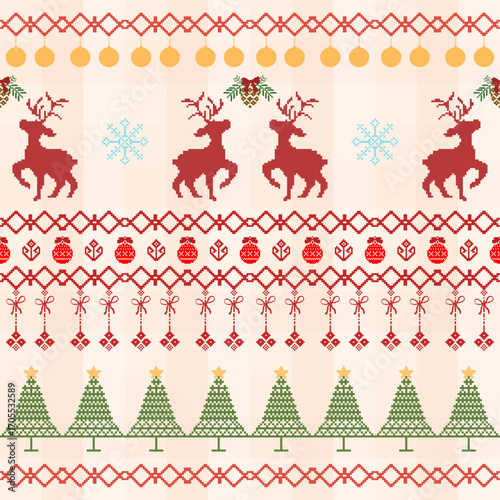 Seamless pixel art Christmas pattern with red reindeer green trees snowflakes and festive ornaments