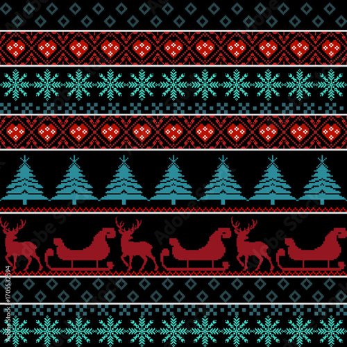 Pixel art Christmas pattern Features reindeer sleighs snowflakes trees heart shapes on black background