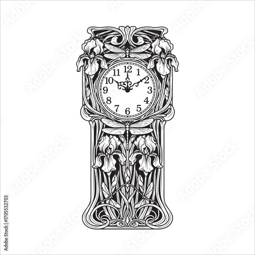 Vector art of ornate grandfather clock with floral design