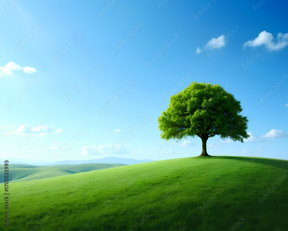 Obraz premium A single green tree stands alone on a rolling green hill under a perfect blue sky. A concept of peace and nature's simplicity.