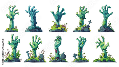 Spooky Cartoon Zombie Hands Gestures Vector Halloween Set