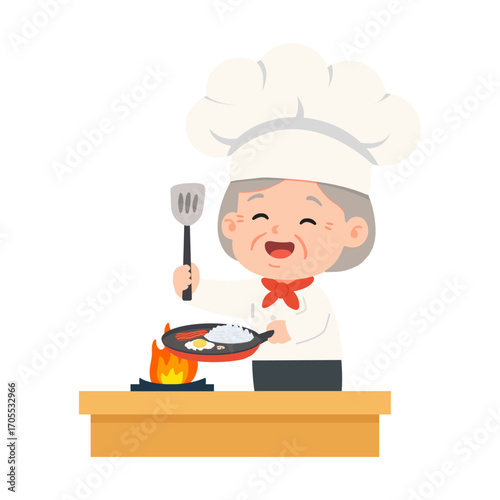 Illustration of Happy Elderly Chef Cooking