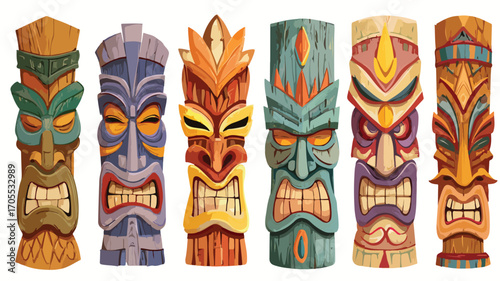 Cartoon Tiki Mask Set: Tribal Wooden Hawaii Totem - Exotic Tribal Art Collection