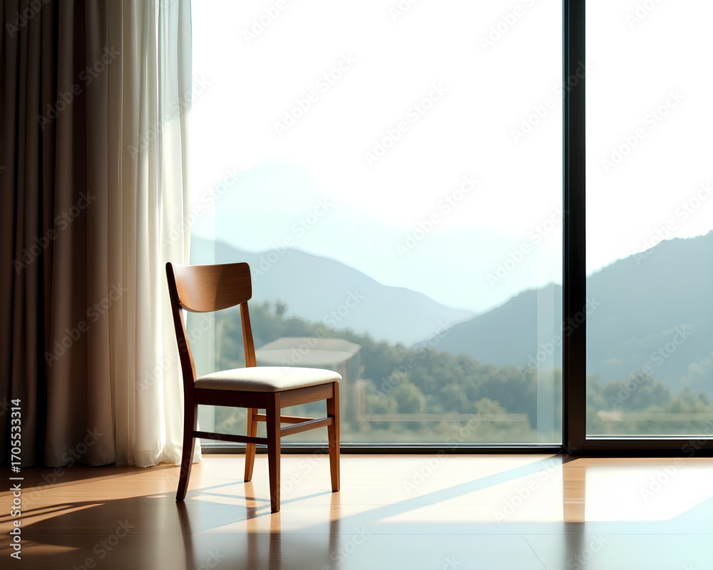 Fototapeta premium A single wooden chair by a large window offers a serene, peaceful view of a mountain landscape. A concept of solitude and contemplation.