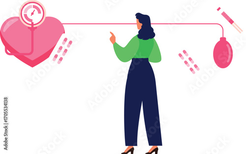 Girl raised heart with tablets and manometer