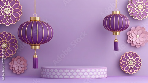 Elegant Purple Chinese New Year Display Featuring Lanterns and Flowers for Festive Celebrations