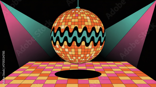 Retro disco ball on a dance floor with spotlights, creating a vibrant and nostalgic atmosphere reminiscent of the 1970s era
