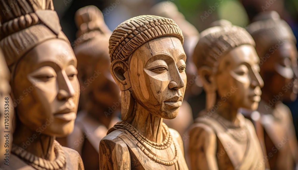 Naklejka premium Hand Carved Wooden Statues in Rows with Textured Details and Warm Brown Tones