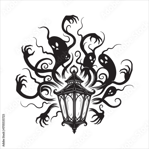 Vector art of spooky lantern with ghosts, vector illustration