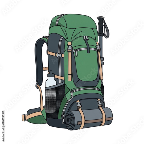 Green Hiking Backpack with Trekking Pole and Water Bottle.