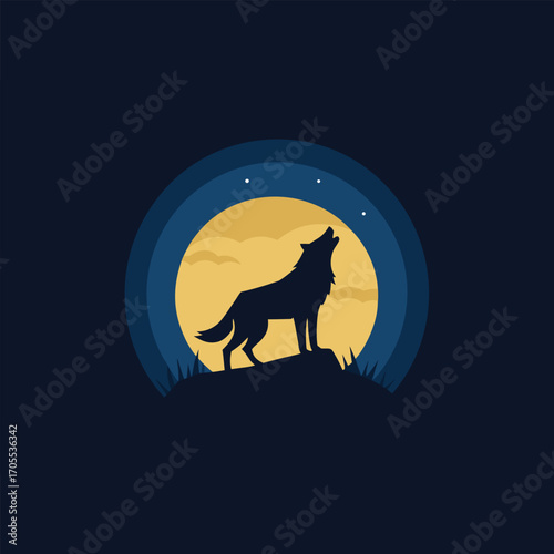 Wolf howling at moon vector illustration, wildlife night scene silhouette, wild animal design, forest nature emblem, adventure outdoor concept, camping and freedom branding.