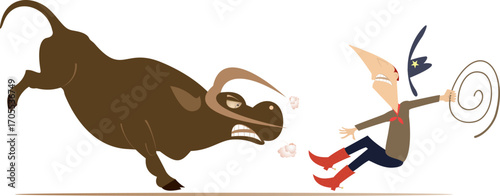 Farmer or cowboy and angry bull. Rodeo.
Farmer or cowboy trying to stop an angry bull. Isolated on white background
