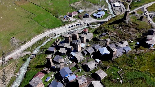 Picturesque View of Ushguli, a Community High in the Caucasus Mountains, Showcasing Its Unique Svan Towers and Traditional Architecture.