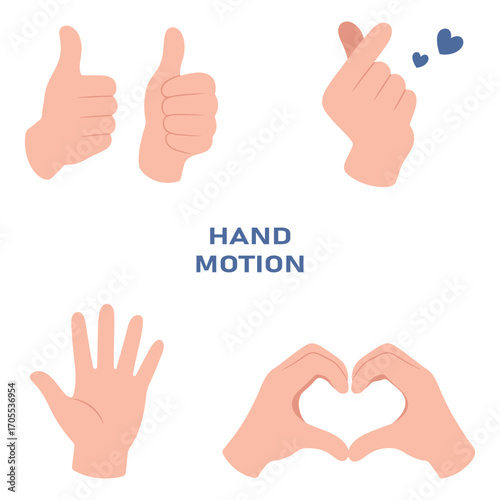 Set of hand gestures including thumbs up, finger heart, open palm, and love sign. Flat vector illustration of human hands showing positive emotions and expressions.