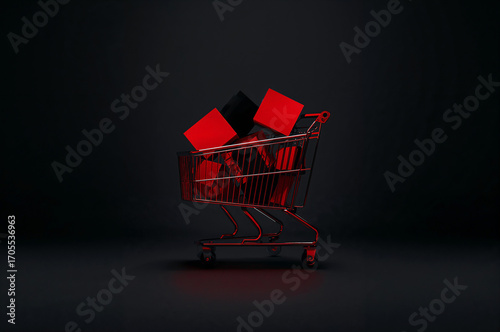 Miniature Shopping Cart Filled with Red and Black Boxes on a Dark Background