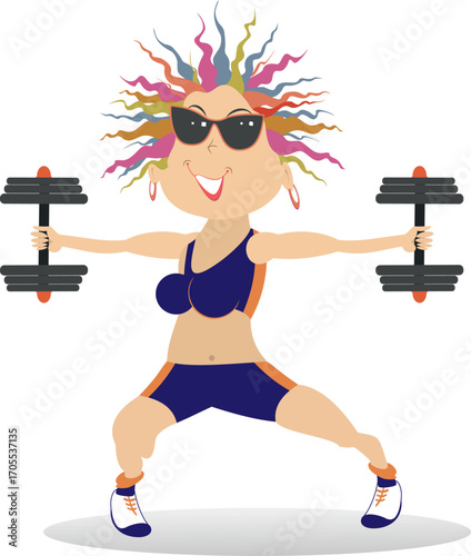 Young woman does exercises with dumbbells