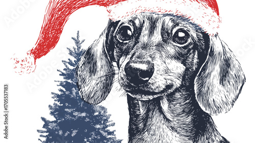 Festive Dachshund Dog with Santa Hat in front of Christmas Tree