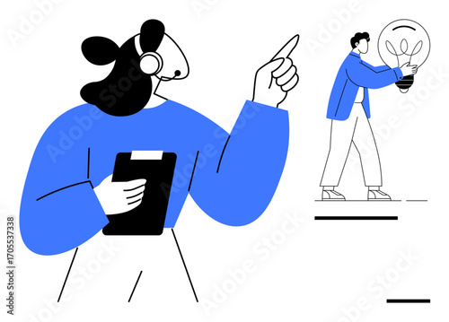 Professional leader in headset guiding with gesture while team member offers light bulb signifying creative ideas. Ideal for collaboration, leadership, communication, problem-solving, creativity