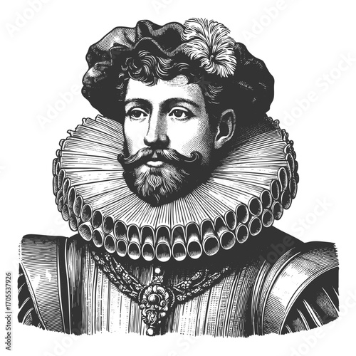 aristocratic man with mustache and beard, wearing ornate clothing and a large ruffled collar sketch engraving generative ai fictional character vector illustration. Scratch board. Black and white.