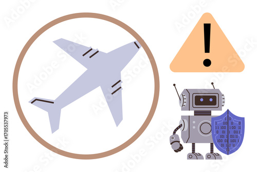 Airplane inside circular frame, warning sign, and robot with shield symbolizing AI cybersecurity, safety, and predictive analysis. Ideal for technology, aviation, automation, safety data security