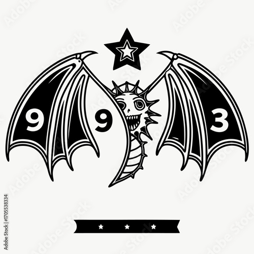 A bold black-and-white emblem featuring a fierce, skeletal serpent with wide-spread wings marked 9-9-3, crowned by a star. The design blends gothic and fantasy elements, symbolizing power, mystery