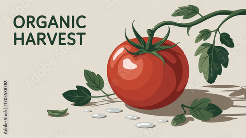 Organic harvest illustration of a ripe tomato with leaves, showcasing fresh produce, agriculture, and healthy eating for food promotions
