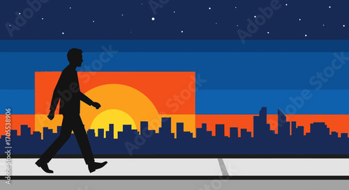 A silhouette of a man strides toward a vibrant city skyline at sunset, symbolizing ambition, urban living, and the promise of a bright future. Inspiring journey.
