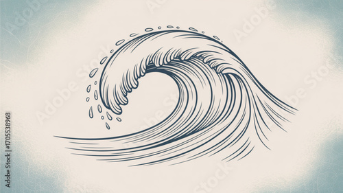 A handdrawn ocean wave illustration with detailed lines and splash, capturing the power and beauty of nature