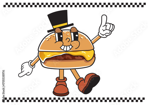 Stylish cartoon hamburger character wearing a top hat and smiling while pointing. Food concept
