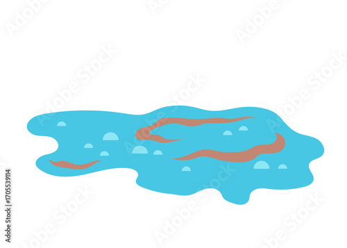 Flat vector illustration of a blue water puddle with brown mud stains and reflections. Simple minimal design for nature, weather, or environmental projects.