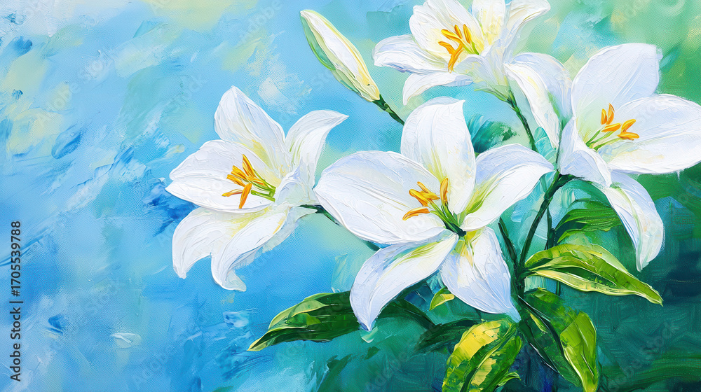 Fototapeta premium Elegant white lilies bloom against soft blue background, showcasing their delicate petals and vibrant yellow stamens, evoking sense of tranquility